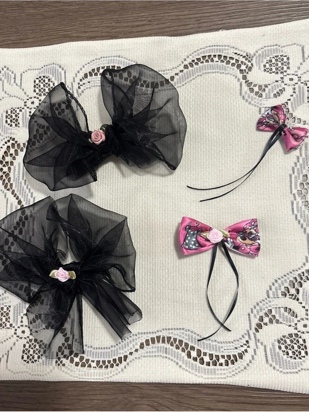 Kids Hair Bow Set - Black Organza Bows with Pink Rose Print Accents